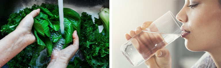 Split image: On the left, hands wash leafy green vegetables under running water; on the right, a person drinks from a glass of water.
